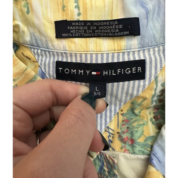 VTG Tommy Hilfiger Island Print Button Up Shirt Short Sleeve Hawaiian Mens Large - Picture 5 of 5